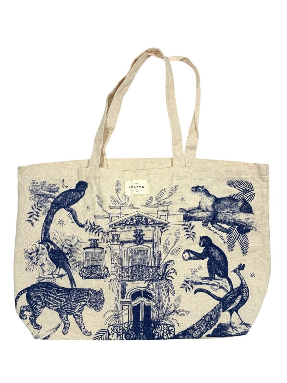 Sézane X Maia Bunge Paradiso Jungle Canvas Tote Bag Blue cream Animal Print desi